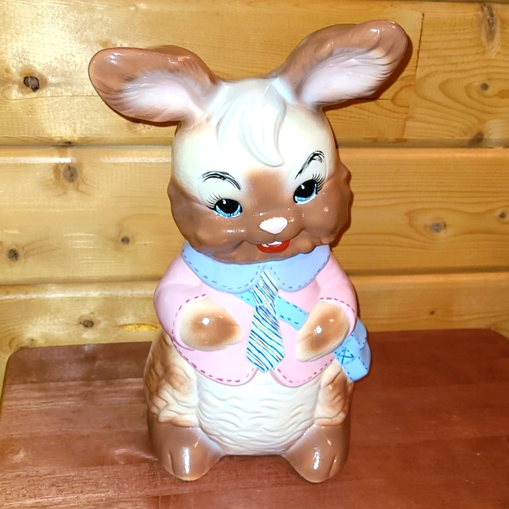 Vintage Easter Bunny Rabbit Figurine Hand Painted Ceramic Statue w/Blue Necktie